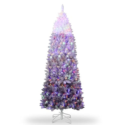 6 ft Prelit Artificial Christmas Tree with RGB & Warm White Lights - Snow Flocked Purple Gradient, Foldable Base