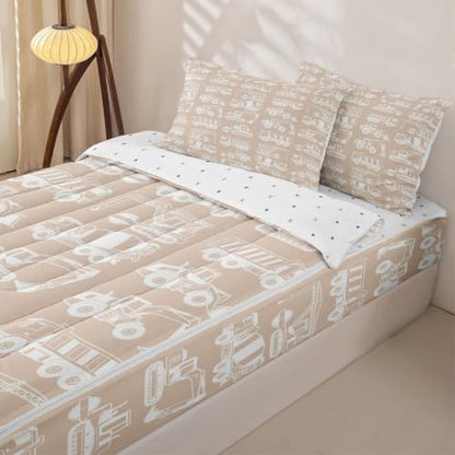 Kids Construction Excavator Comforter Set Twin Size - Light Khaki / Twin
