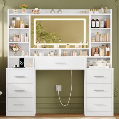 Large Vanity Desk with Mirror and 3-Color LED Lights, 7 Drawers & 6 Shelves, USB & Power Outlets, White