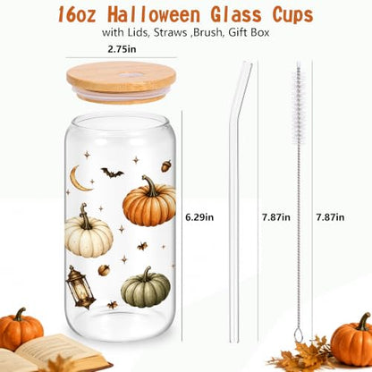 Fall Pumpkin Glass Cup with Lid & Straw - Halloween Gift for Women & Teens