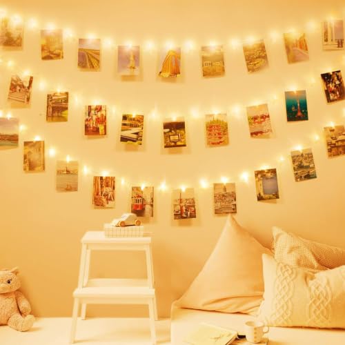 LED Photo Clip String Lights 33ft Warm White Battery Operated with 60 Clips
