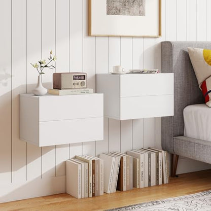Floating Nightstand Set of 2 with Drawers, Wall Mounted - White, 16.5 x 12 x 11.5 in