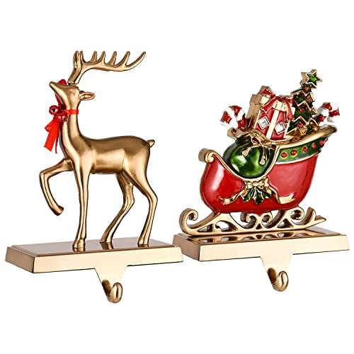Antique Gold Reindeer Christmas Stocking Holder Set for Fireplace Mantle Decor