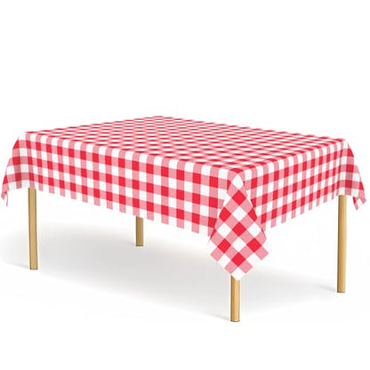 2 Pack Red and White Checkered Plastic Tablecloths 54x108 Inches for Parties