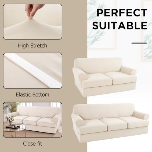 7 Pcs T Cushion Sofa Slip Covers Set - Ivory White, Fits 2 & 3 Seat Couch