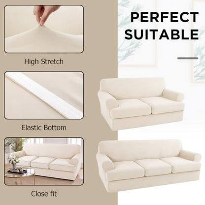 7 Pcs T Cushion Sofa Slip Covers Set - Ivory White, Fits 2 & 3 Seat Couch