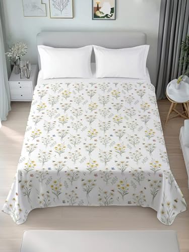 King Size Flat Sheet - Green, Yellow, White Microfiber Bed Sheets, 105x98