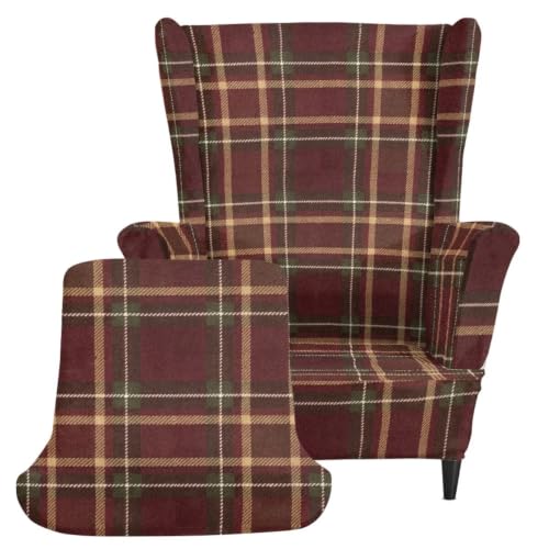 Brown Plaid Wingback Armchair Cover 2-Piece Stretch Protector - LACIYISON