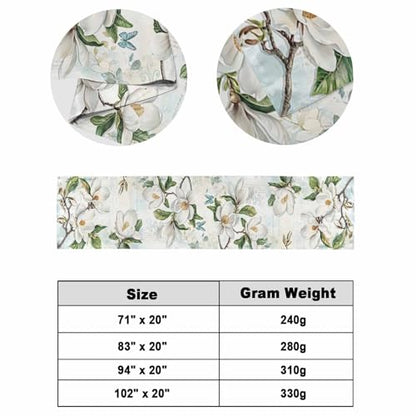 94x20in White Magnolia Flower Bed Runner for King Bed - Decorative Bed Scarf