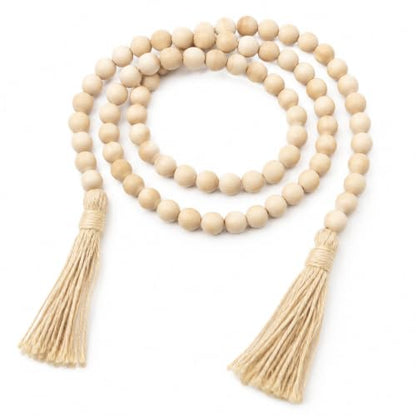 Wood Bead Garland 58in Rustic Farmhouse Decor with Tassels - Natural Finish