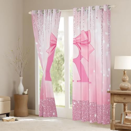 Pink Bowknot Blackout Curtains with Initials - Room Decor, Personalized