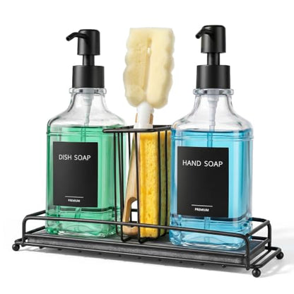 Walkinstin Clear Glass Kitchen Soap Dispenser Set with Pump & Sponge Holder - 17 fl oz