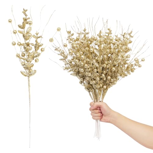 Gold Christmas Glitter Twig Ornaments Set - 24 Pack Holiday Tree Decorations - Variation: Gold-a