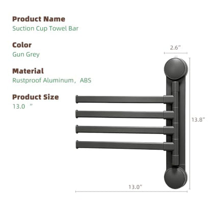 Homey Art Suction Cup Towel Rack No Drill Swivel Wall Mount Holder - Gun Grey