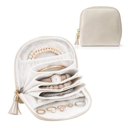 Small Travel Jewelry Case Beige Soft Leather Velvet Lined Organizer Pouch
