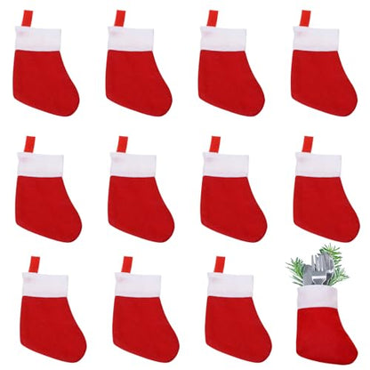 Mini Christmas Stocking Set - Red Snowflake Holiday Silverware Holders 12 Pcs with Variation Classic