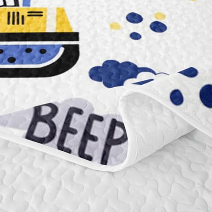 Navy Blue Full Excavator Construction Quilt Set with 2 Pillowcases - All Season Microfiber Bedding