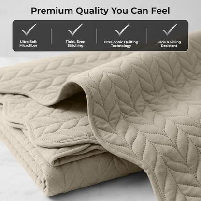 Queen Size Leaf Embossed Quilt Set with Pillow Shams - Beige, 90x96, Reversible