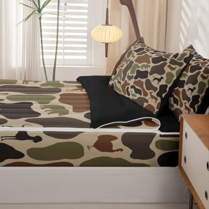 Kids Deer Bear Zipper Bedding Set - Twin Camo Brown, 4-Piece