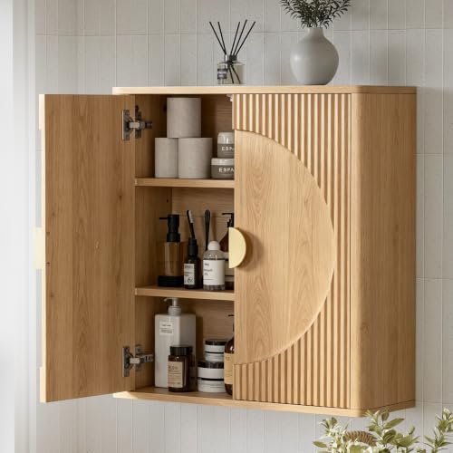 Oak Wall-Mounted Medicine Cabinet with Adjustable Shelves - Bathroom Storage