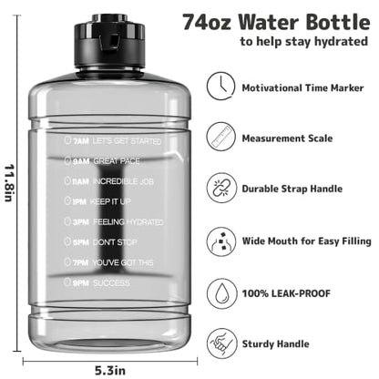 Clear 74oz Water Bottle with Time Marker & Straw - Half Gallon Hydration Jug with Handle & 2 Lids