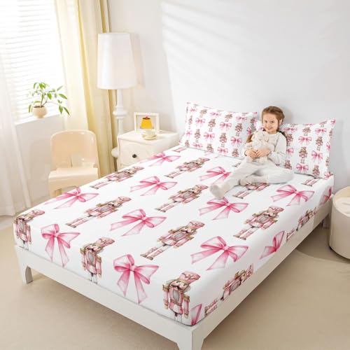 Kids Twin Fitted Sheet Set - Pink White Christmas Nutcracker Design, 39x75"