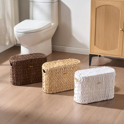 Brown Toilet Paper Storage Basket with Lid & Clear Window - Slim Bathroom Organizer for 6 Mega Rolls