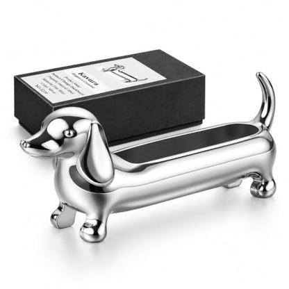 Magnetic Dachshund Desk Caddy - Silver Sculptural Dog Organizer & Decor