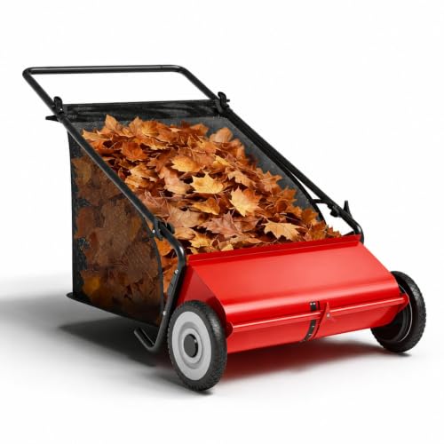 Red Push Lawn Sweeper 26-Inch with 7 Cu.Ft. Hopper, 4-Brush Power, Adjustable Height
