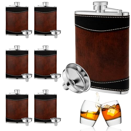 Leather-Wrapped 8 oz Stainless Steel Liquor Flasks Set with Funnel - Leakproof Whiskey Drinking Bottles for Weddings & Parties