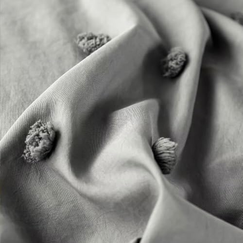 Grey Full Size Duvet Cover Set with Pom Poms and Embroidery Design