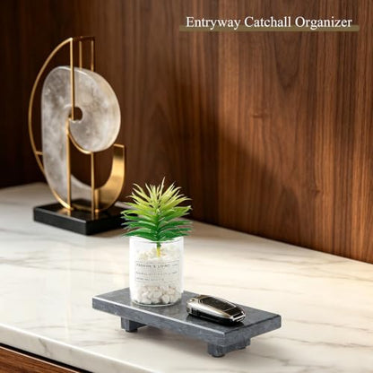 Marble Stone Pedestal Tray Stand for Vanity Bathroom Kitchen Decor - Gray Black, 8.6 x 4 Inches