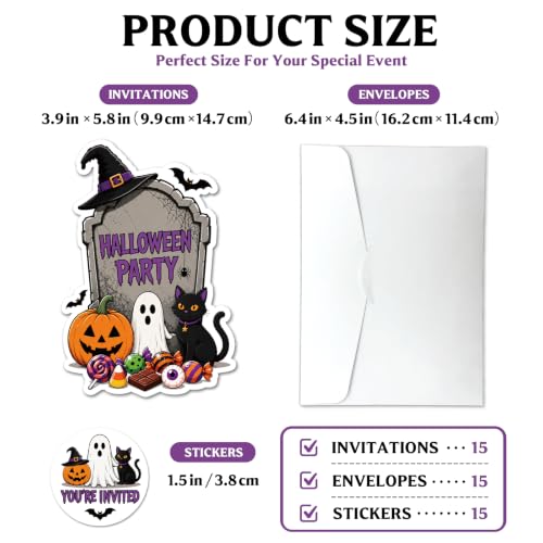 Halloween Tombstone Invitation Cards Set with Envelopes & Stickers - 15 Pack