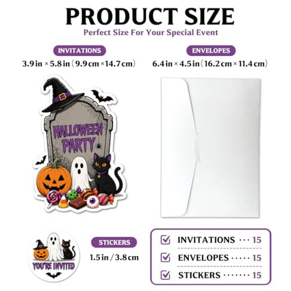 Halloween Tombstone Invitation Cards Set with Envelopes & Stickers - 15 Pack