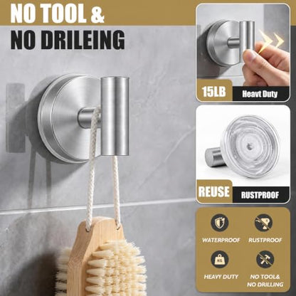 Suction Cup Shower Hooks No Drill 4 Pack - Brushed Nickel, Silver / 2 Pack