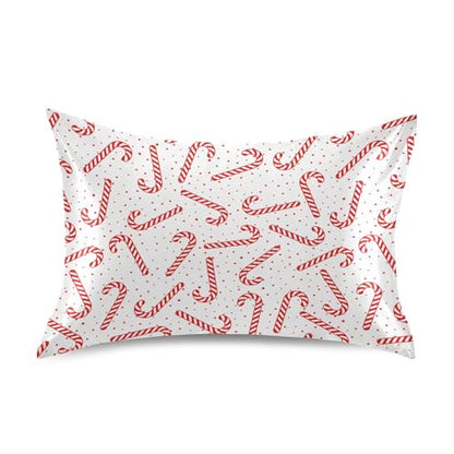 Christmas Satin Pillowcase for Hair & Skin - Red Candy Canes, Standard 20x26 Inches