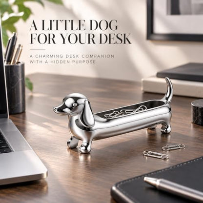 Magnetic Dachshund Desk Caddy - Silver Sculptural Dog Organizer & Decor
