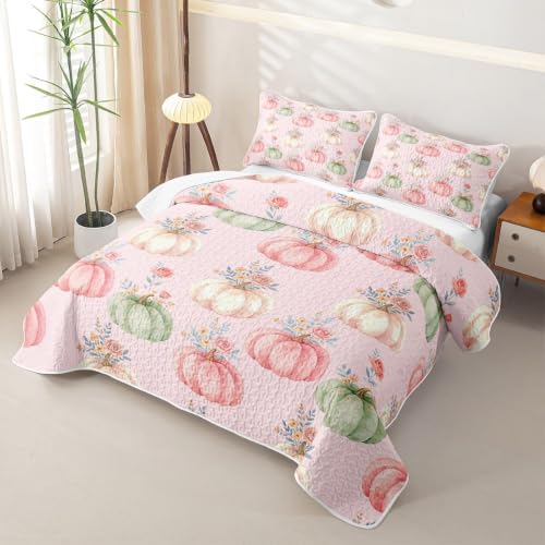 Pink Autumn Pumpkin Quilted Bedspread Full Size - Rose Floral 3-Piece Bedding Set