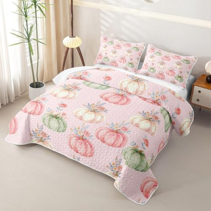 Pink Autumn Pumpkin Quilted Bedspread Full Size - Rose Floral 3-Piece Bedding Set