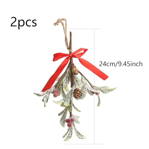 Christmas Artificial Mistletoe Ornaments with Red Bow - 2 Pieces G
