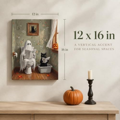 Halloween Ghost Cat Bathroom Wall Art Canvas Print - Framed Decorative Picture 16x12 in
