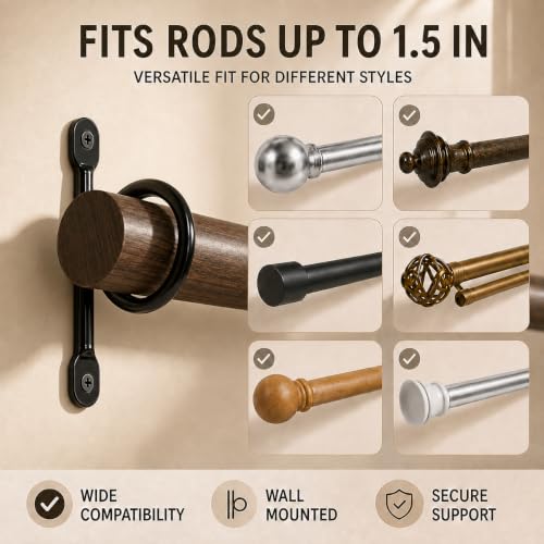 Heavy Duty Black Curtain Rod Brackets Set for 1.5 Inch Drapery Poles - Pack of 6