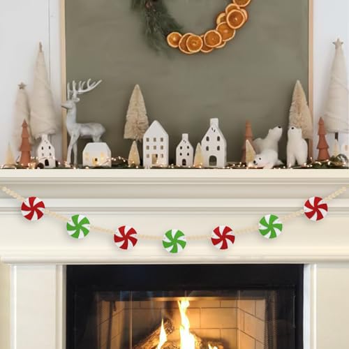 6Ft Candy Christmas Garland - Felt Red & Green Holiday Decor with Peppermint & Wooden Beads - Indoor Mantel & Tree Decoration - Variation: Red Green