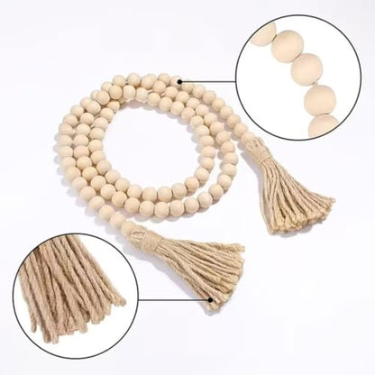 Wood Bead Garland for Farmhouse & Rustic Home Decor - 39 Inch Natural Beads with Linen Tassels