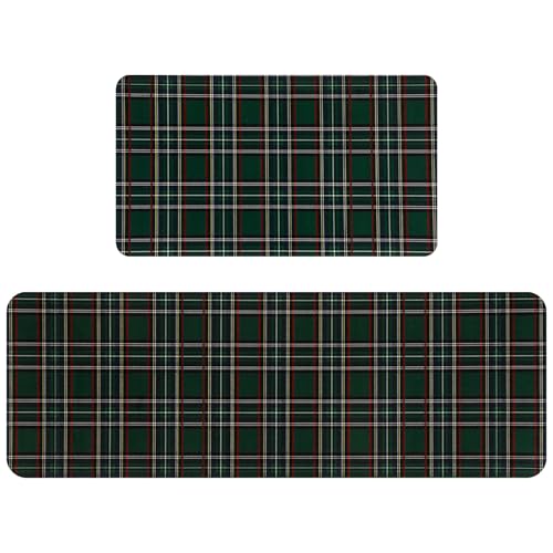 Green Tartan Christmas Kitchen Mat Set - Holiday Door and Floor Rugs