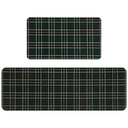 Green Tartan Christmas Kitchen Mat Set - Holiday Door and Floor Rugs