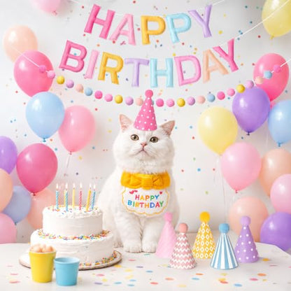 Pastel Rainbow Happy Birthday Banner Set with Party Hats - Soft Colors