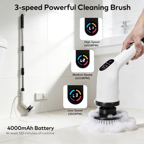 White Cordless Electric Spin Scrubber with 7 Brush Heads - Adjustable & Waterproof