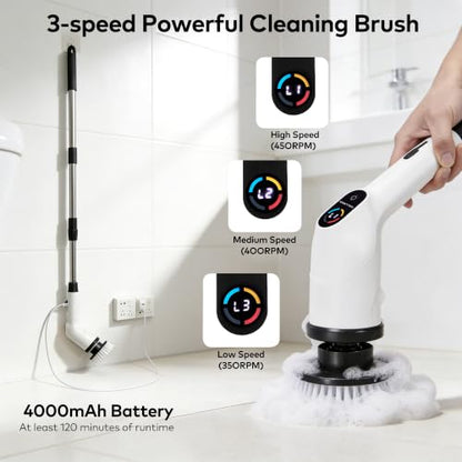 White Cordless Electric Spin Scrubber with 7 Brush Heads - Adjustable & Waterproof