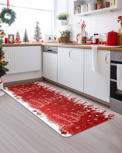 Christmas Kitchen Rugs Set - Red Sparkle Ornaments & White Tree Doormat, Washable Absorbent Floor Mats, 16x24 & 16x47 Inches